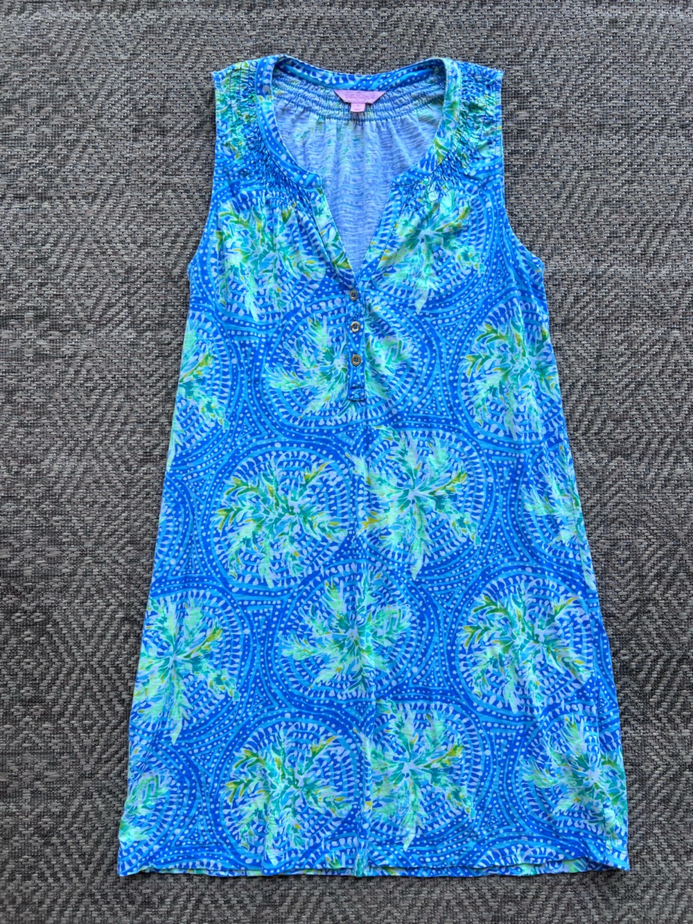 Lilly Pulitzer Blue Green Palm Print Sleeveless Knit Shift Dress Small